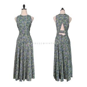 Vintage Floral Maxi Dress 8 Green Purple 90S Flare Sleeveless Work Church Long
